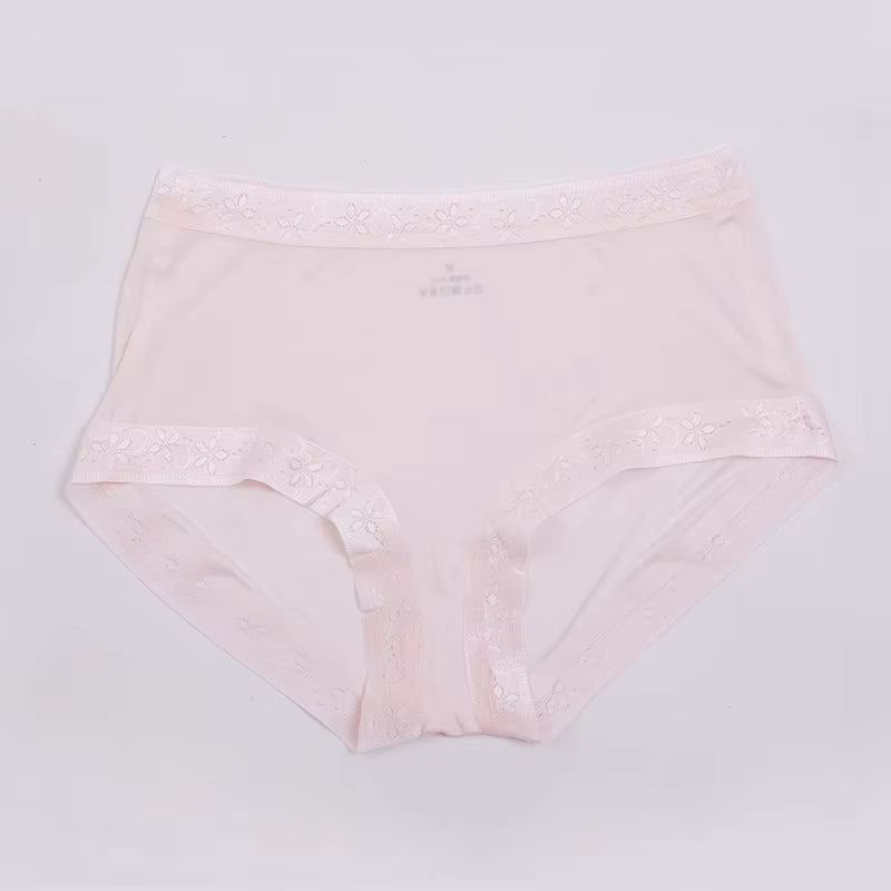 Pink Lace Seamless Silk Briefs Mid Waist Breathable Sexy Comfortable Women's Underwear - TeaseFashion