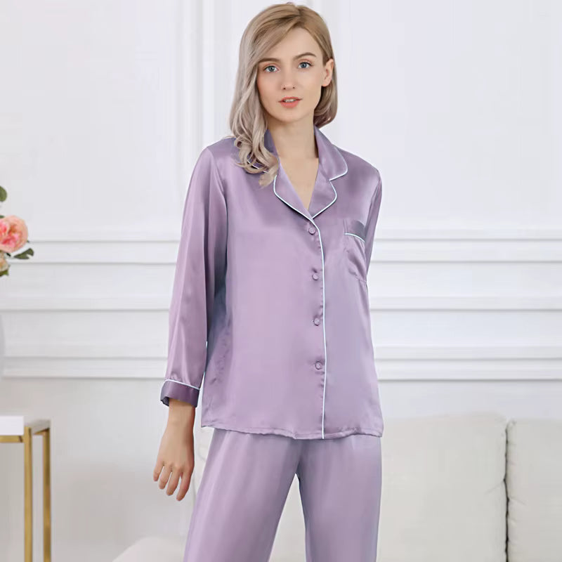Lavender Purple - Long Premium Silk Pajama Set - TeaseFashion