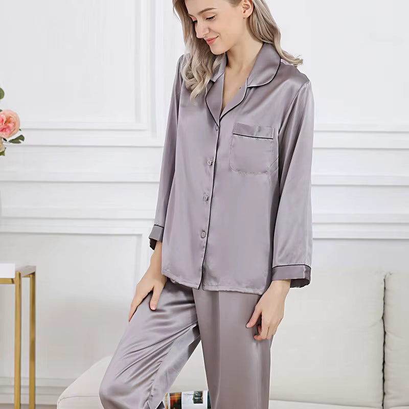 Light Grey - Long Premium Silk Pajama Set - TeaseFashion