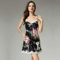 Black with Pink Floral Print Real Silk Suspender Dress Pajamas Nightwear - TeaseFashion