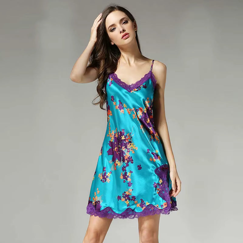 Turquoise Blue Floral Print Real Silk Suspender Dress Pajamas Nightwear - TeaseFashion