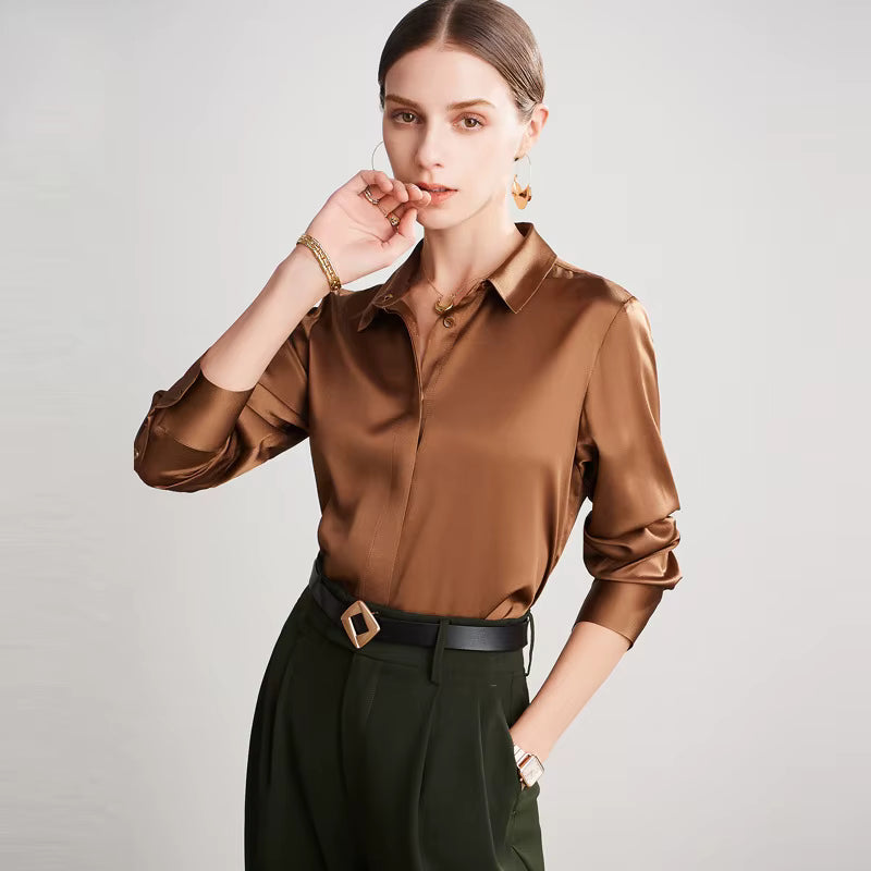 Cognac Brown Silk Lady Casual Shirt - TeaseFashion