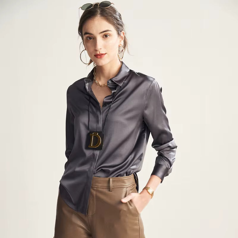 Taupe Gray Silk Lady Casual Shirt - TeaseFashion