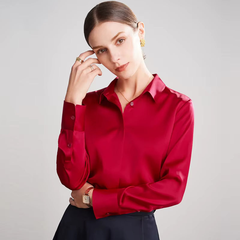 Wine Red Silk Lady Casual Shirt - TeaseFashion