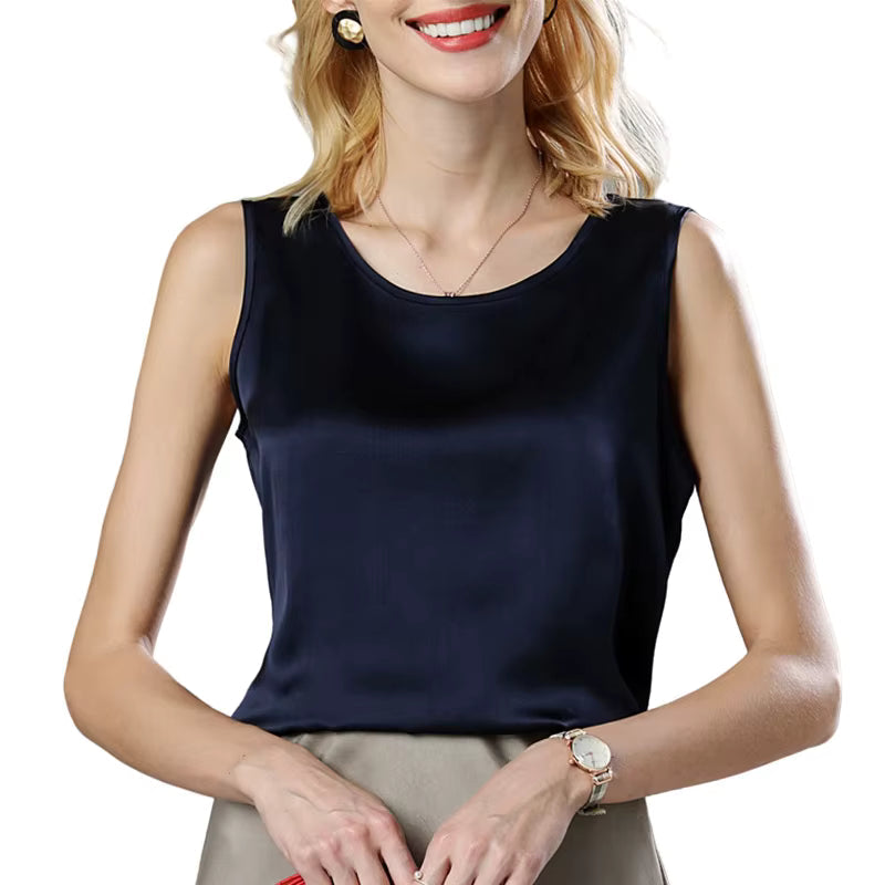 Navy Summer Bottom Shirt Solid Color Silk Vest - TeaseFashion