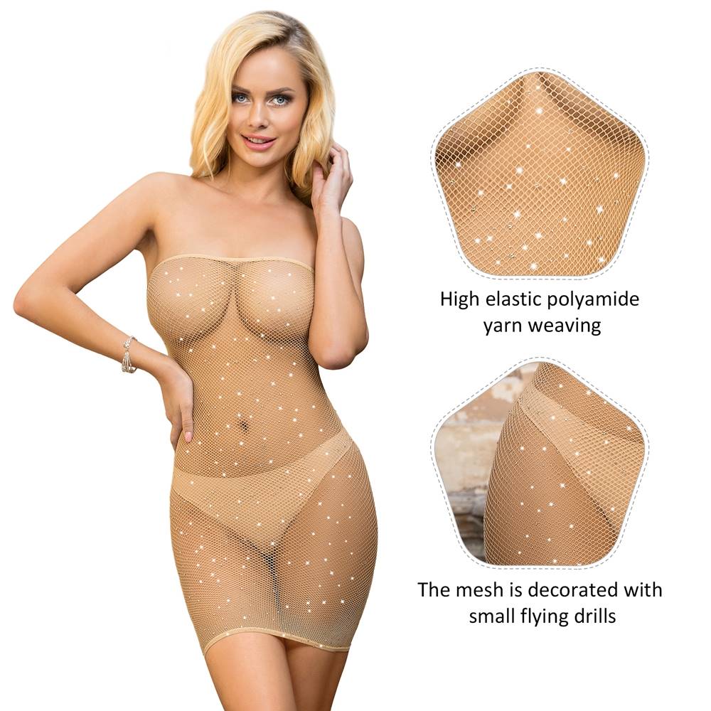 Beige Fishnet Off - Shoulder Crystal Sparkle Bodystocking - TeaseFashion