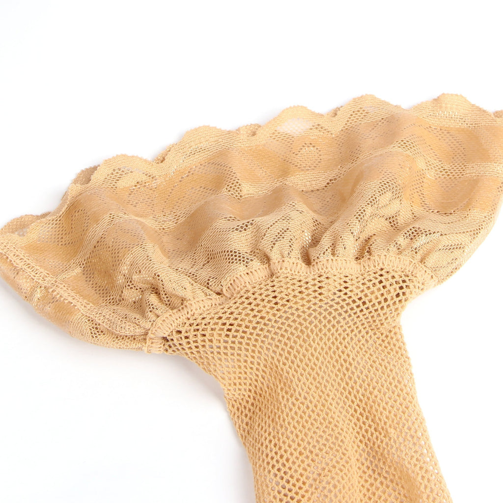 Beige Fishnet Thigh - High Stockings with Lace Top & Silicone Stay - Up Grip - TeaseFashion