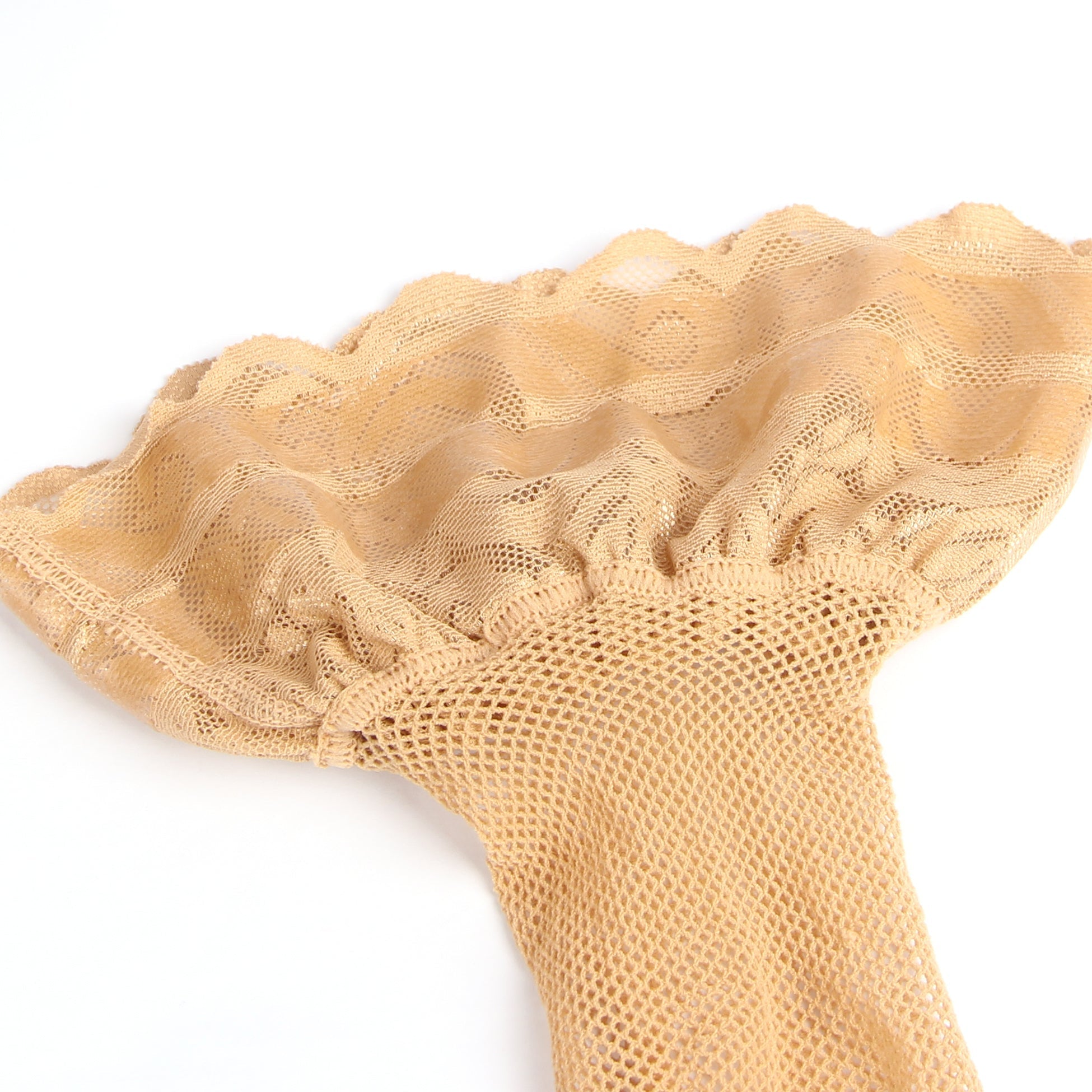 Beige Fishnet Thigh - High Stockings with Lace Top & Silicone Stay - Up Grip - TeaseFashion