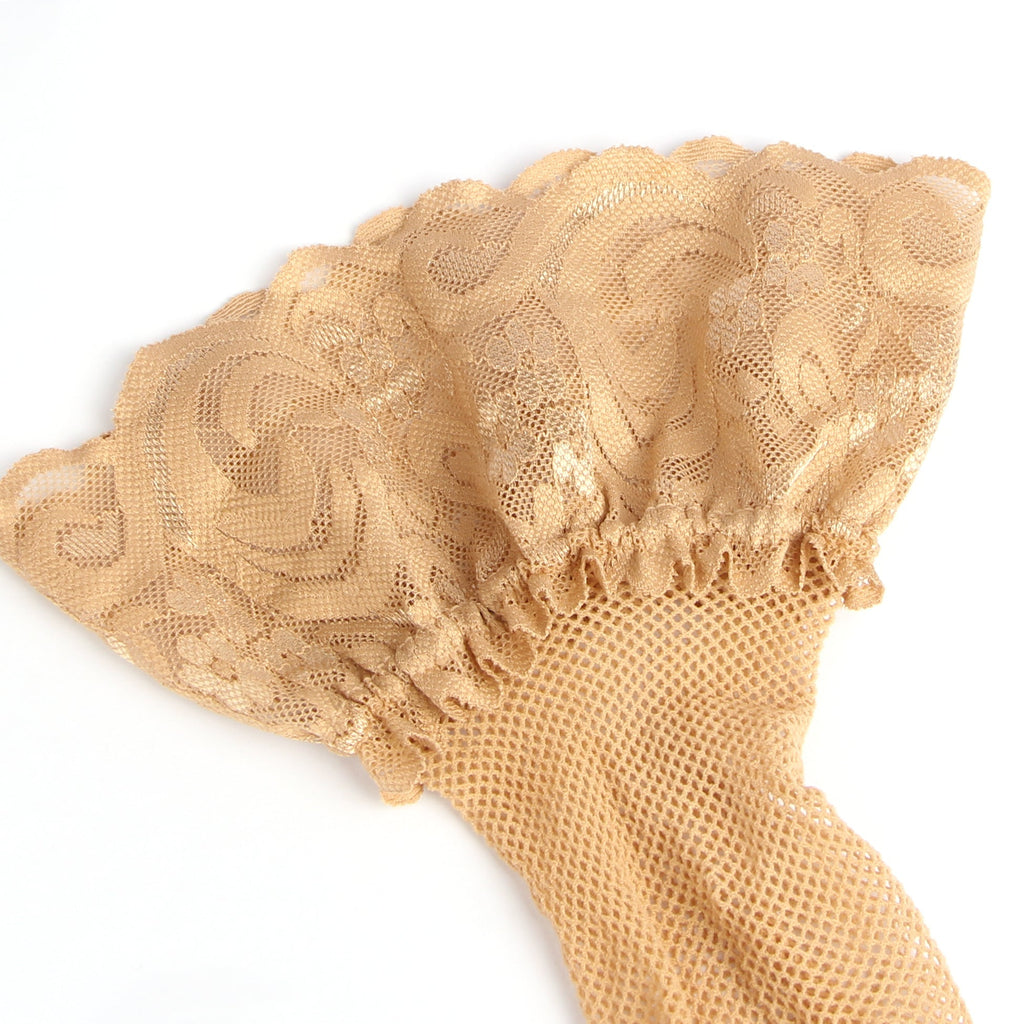 Beige Fishnet Thigh - High Stockings with Lace Top & Silicone Stay - Up Grip - TeaseFashion