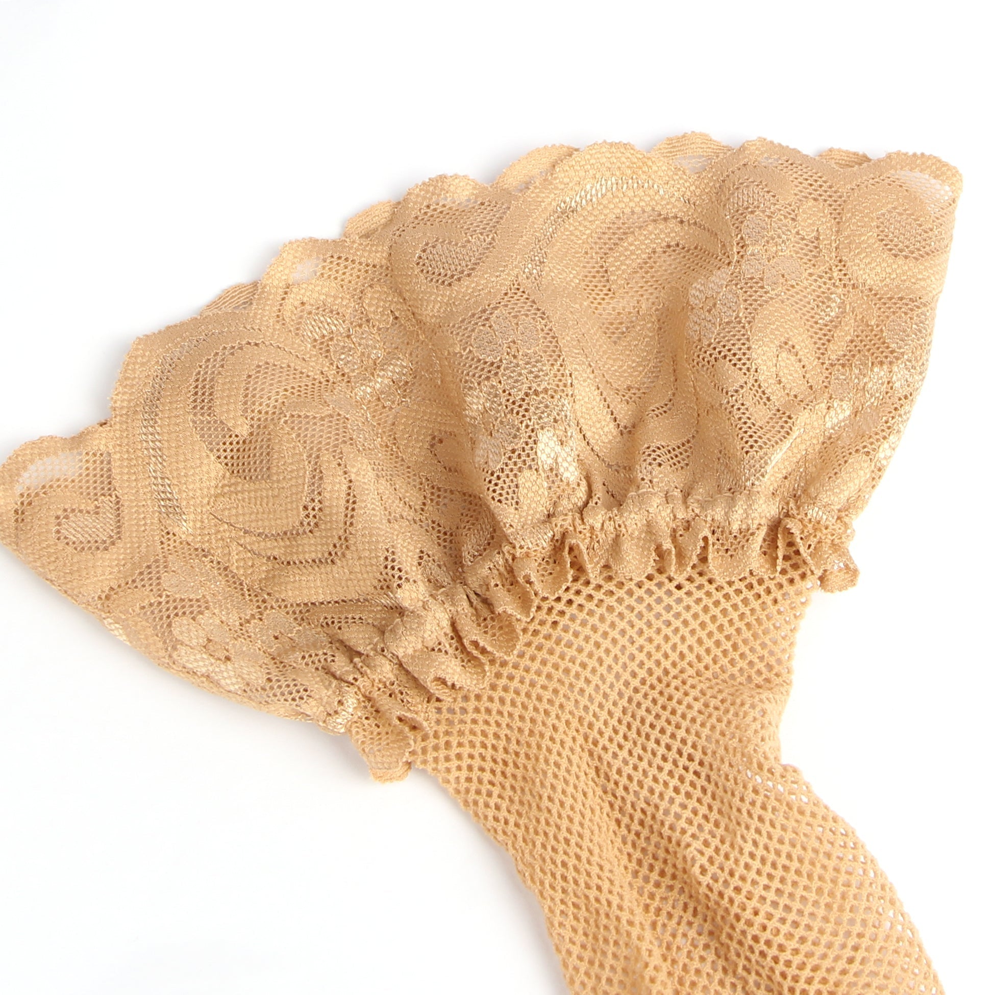 Beige Fishnet Thigh - High Stockings with Lace Top & Silicone Stay - Up Grip - TeaseFashion