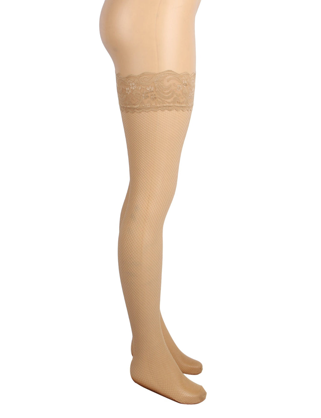 Beige Fishnet Thigh - High Stockings with Lace Top & Silicone Stay - Up Grip - TeaseFashion