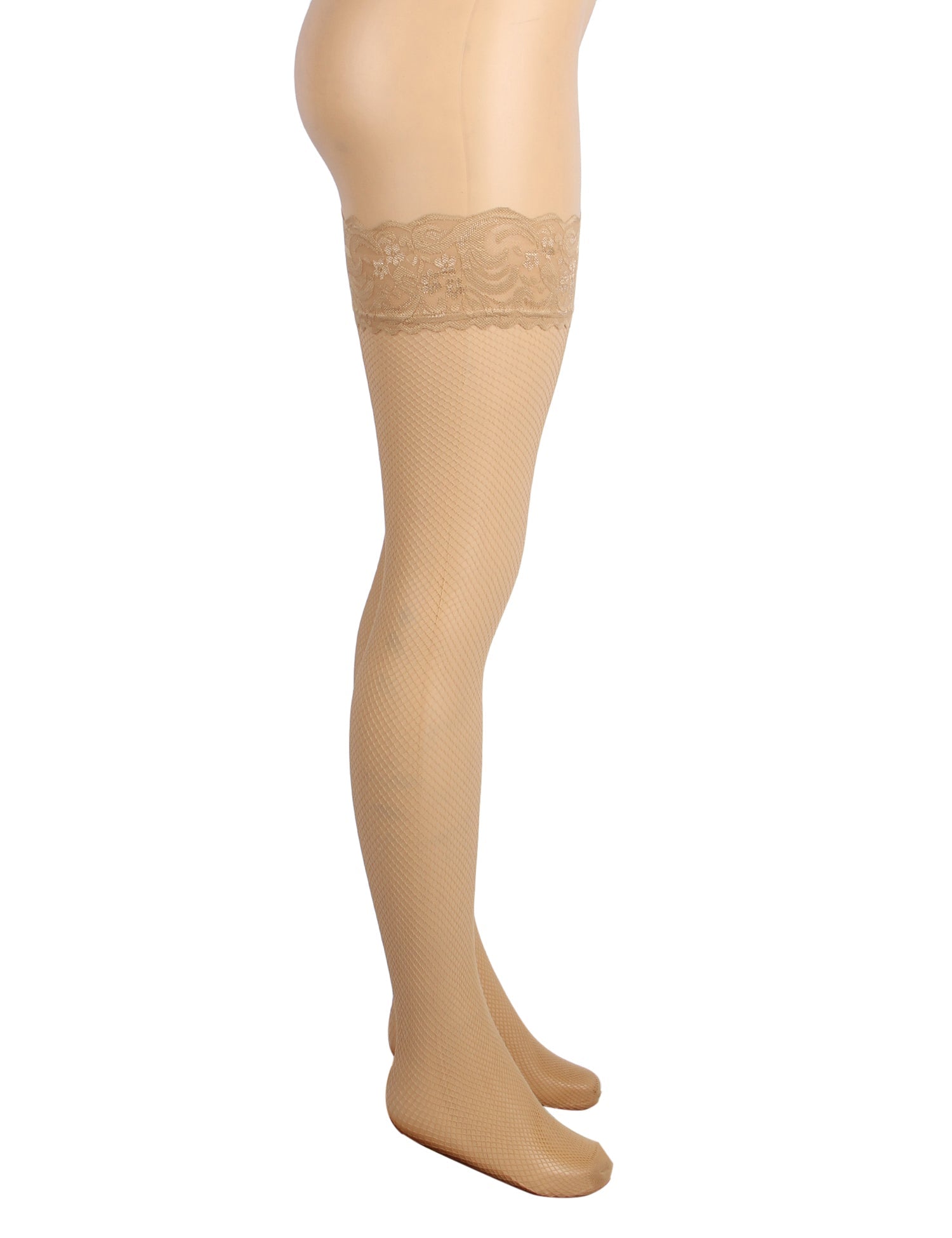 Beige Fishnet Thigh - High Stockings with Lace Top & Silicone Stay - Up Grip - TeaseFashion