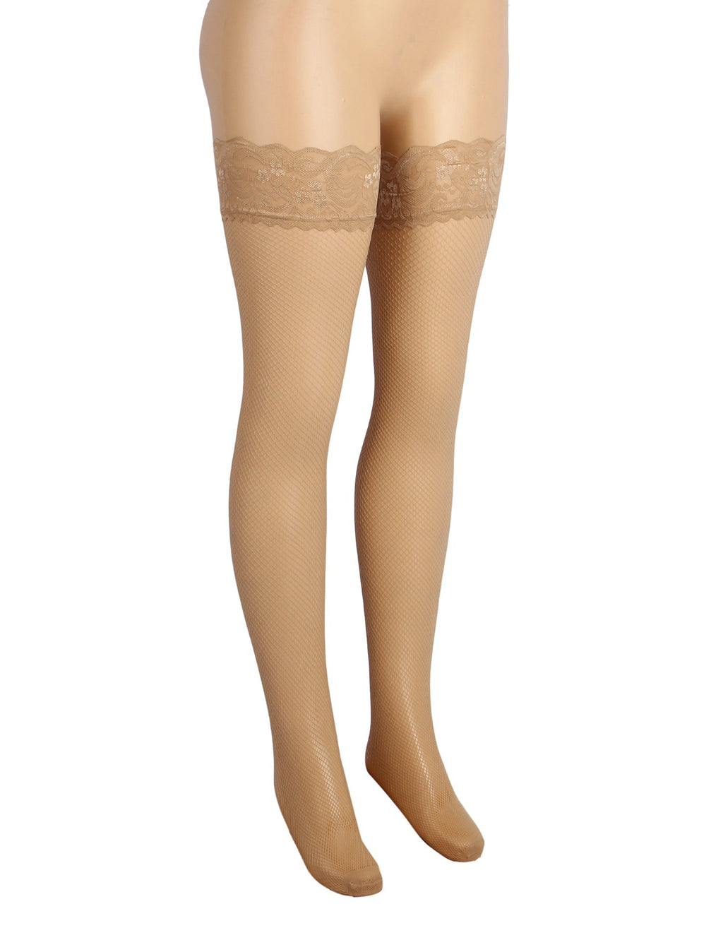 Beige Fishnet Thigh - High Stockings with Lace Top & Silicone Stay - Up Grip - TeaseFashion
