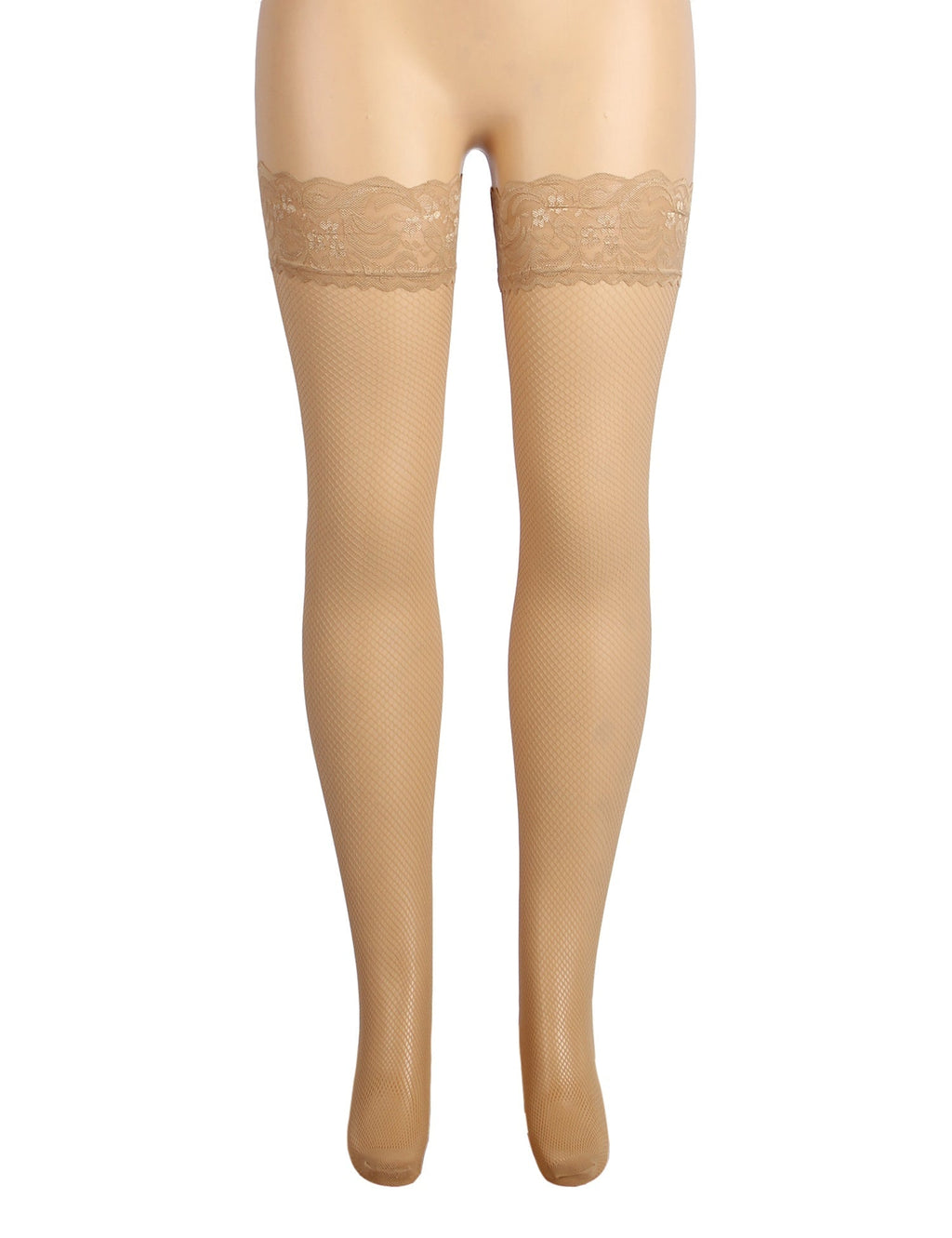 Beige Fishnet Thigh - High Stockings with Lace Top & Silicone Stay - Up Grip - TeaseFashion