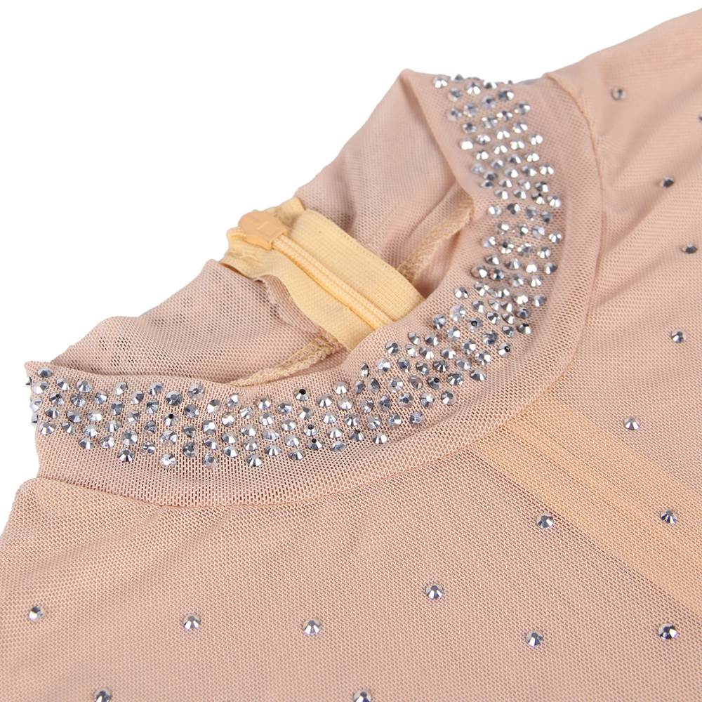 Beige High - Neck Mesh Teddy – Long Sleeve with Rhinestone Detail - TeaseFashion