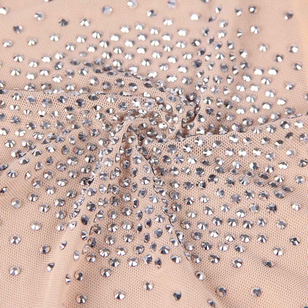 Beige High - Neck Mesh Teddy – Long Sleeve with Rhinestone Detail - TeaseFashion