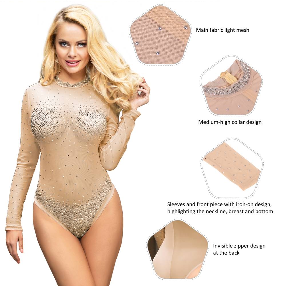 Beige High - Neck Mesh Teddy – Long Sleeve with Rhinestone Detail - TeaseFashion