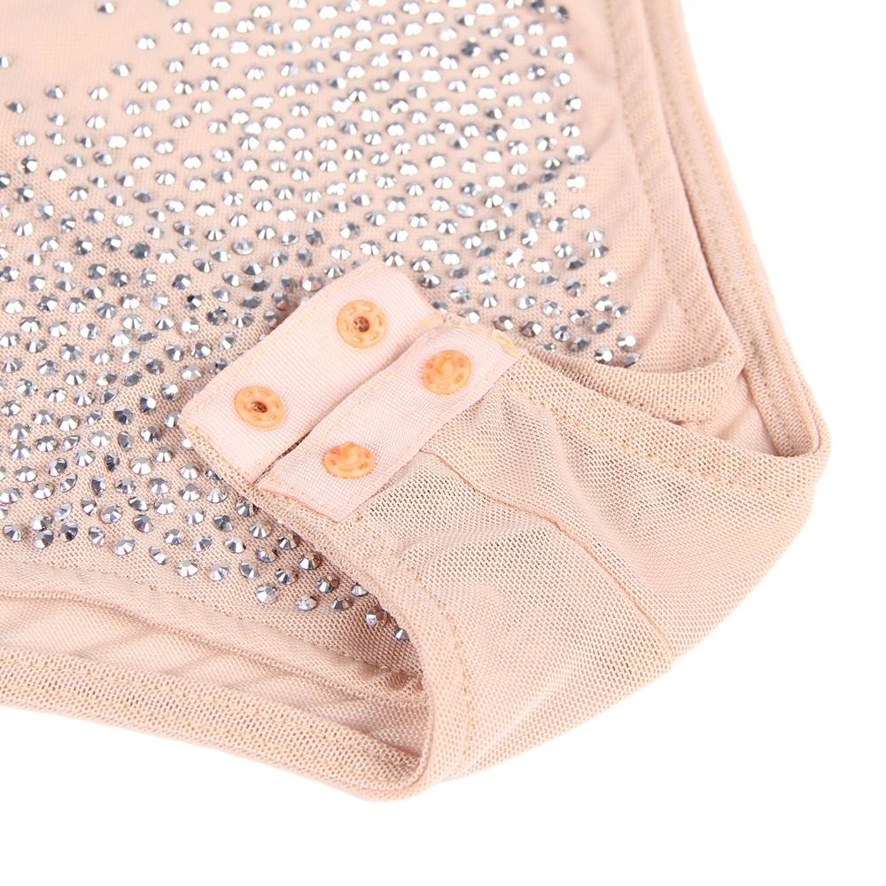 Beige High - Neck Mesh Teddy – Long Sleeve with Rhinestone Detail - TeaseFashion