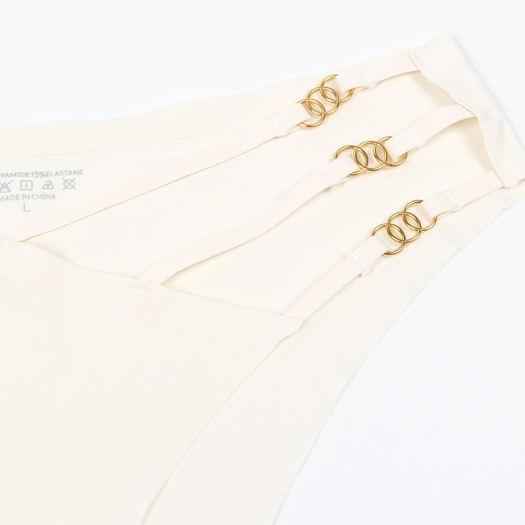 Beige Ice Silk Seamless Panty – Decorative Ring Waistband & Hollow Detail - TeaseFashion