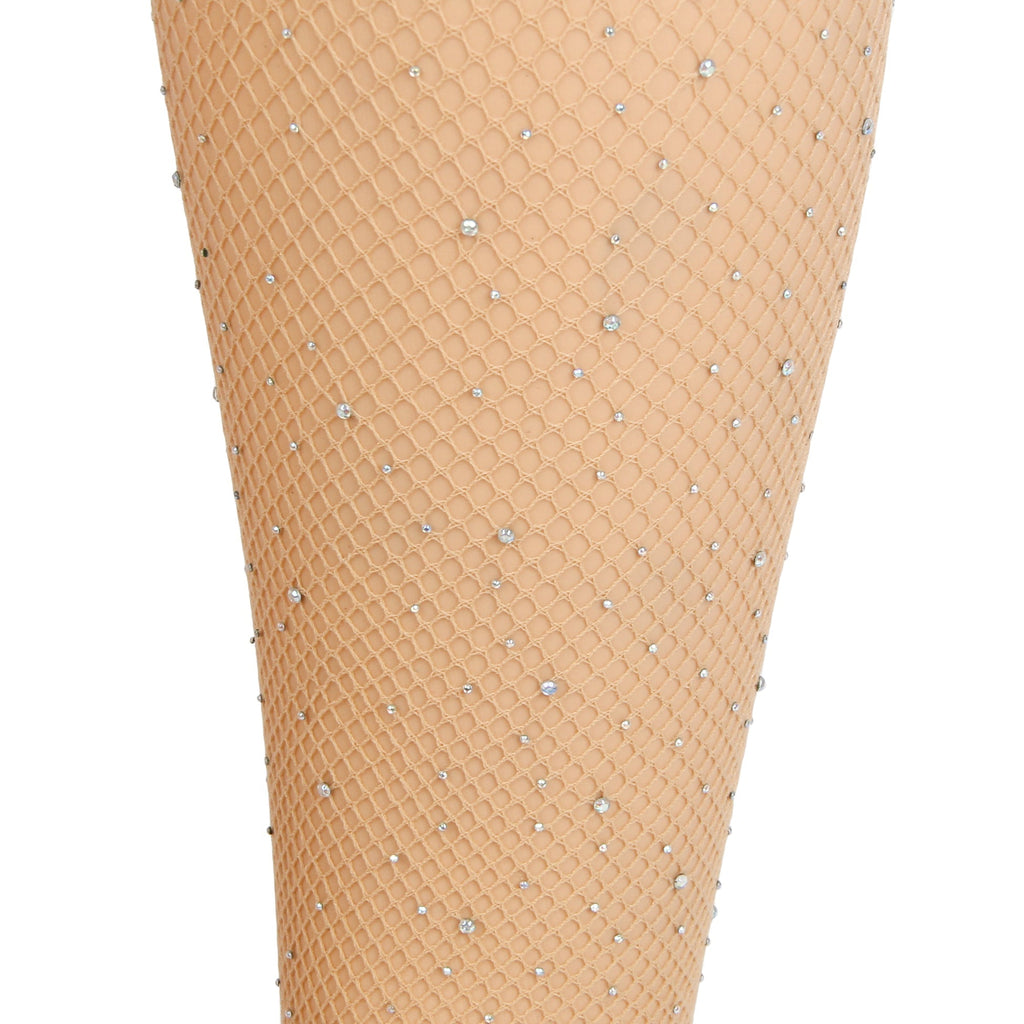 Beige Rhinestone Fishnet Thigh - High Stockings with Lace Top & Dual Silicone Stay - Up Grip - TeaseFashion