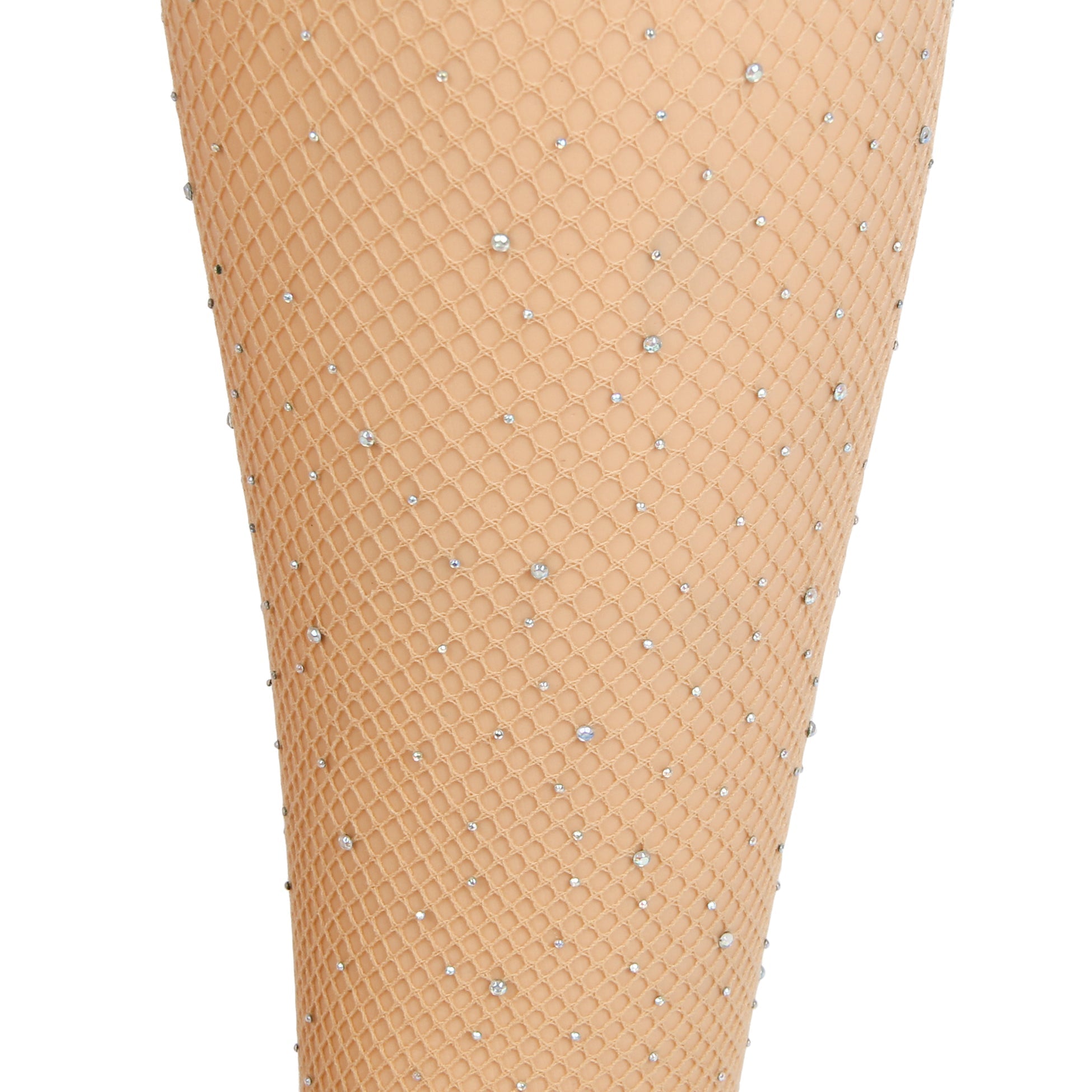 Beige Rhinestone Fishnet Thigh - High Stockings with Lace Top & Dual Silicone Stay - Up Grip - TeaseFashion