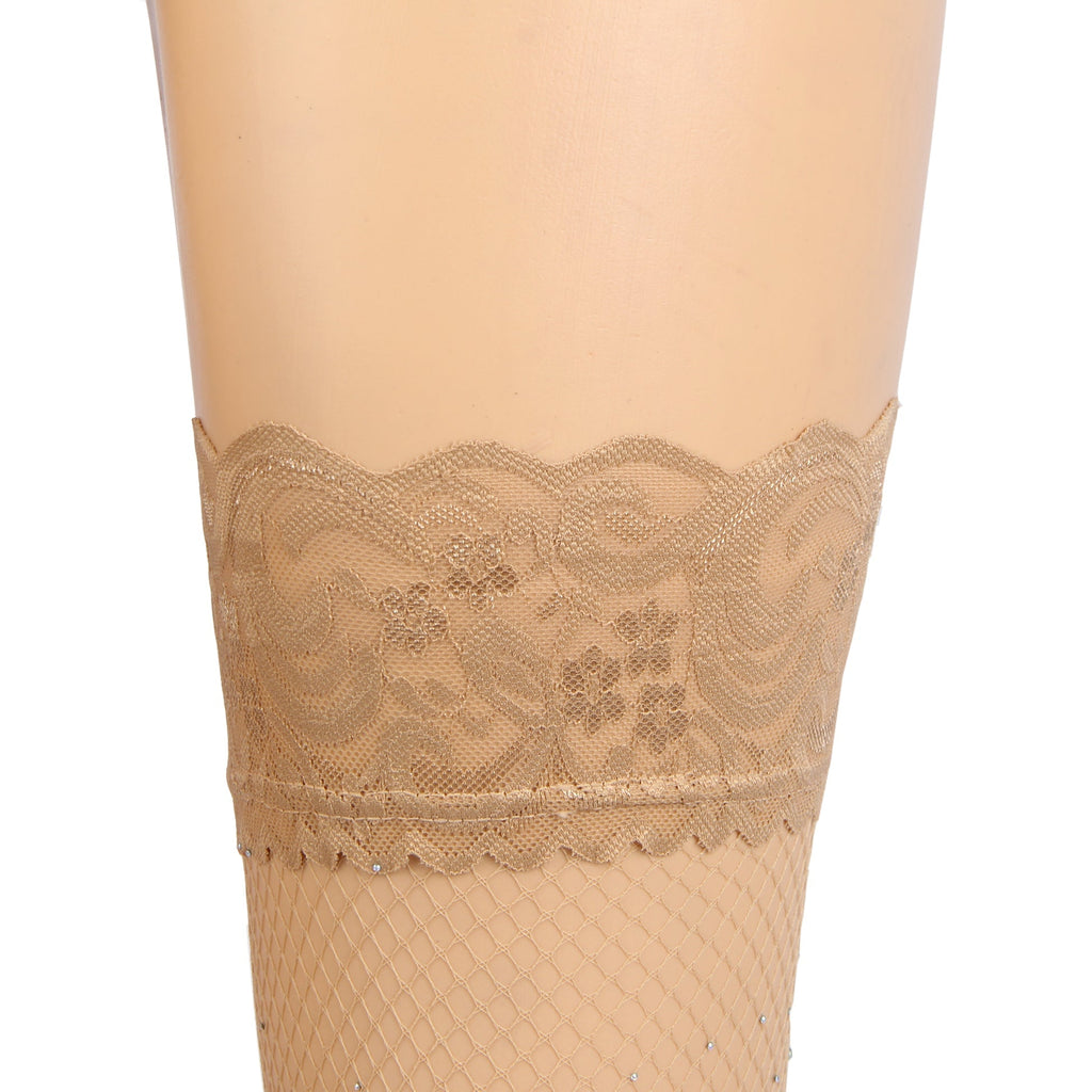Beige Rhinestone Fishnet Thigh - High Stockings with Lace Top & Dual Silicone Stay - Up Grip - TeaseFashion