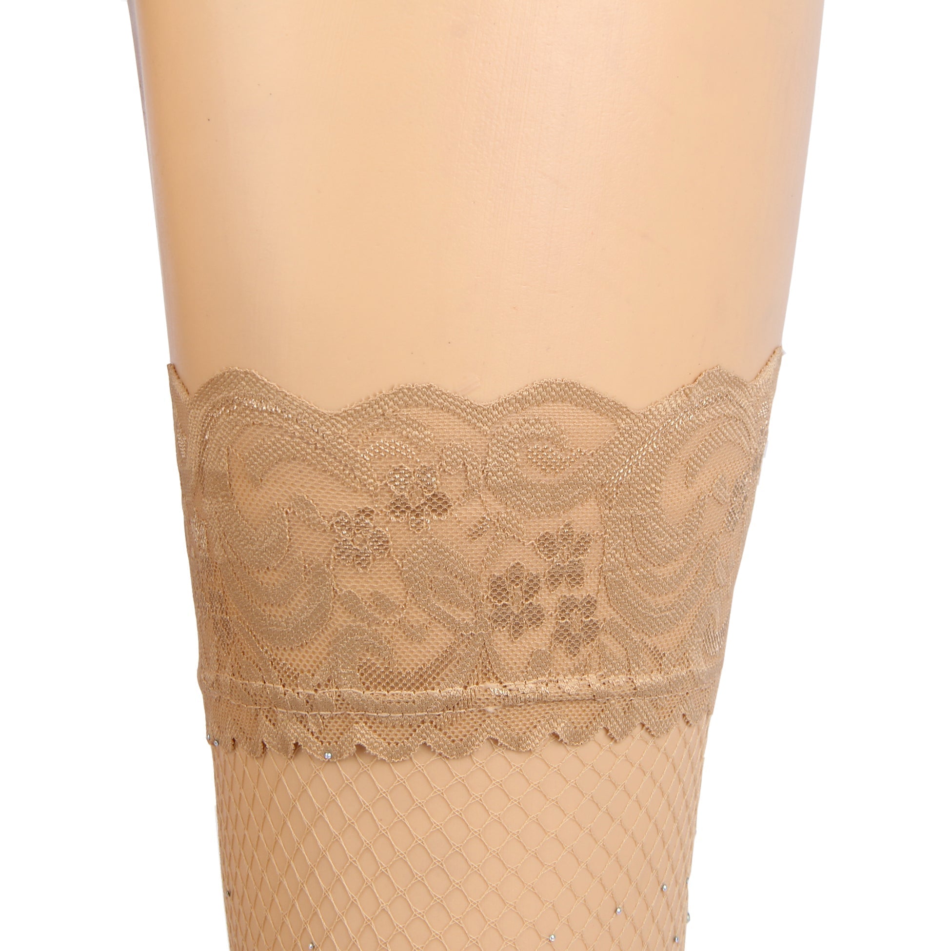 Beige Rhinestone Fishnet Thigh - High Stockings with Lace Top & Dual Silicone Stay - Up Grip - TeaseFashion