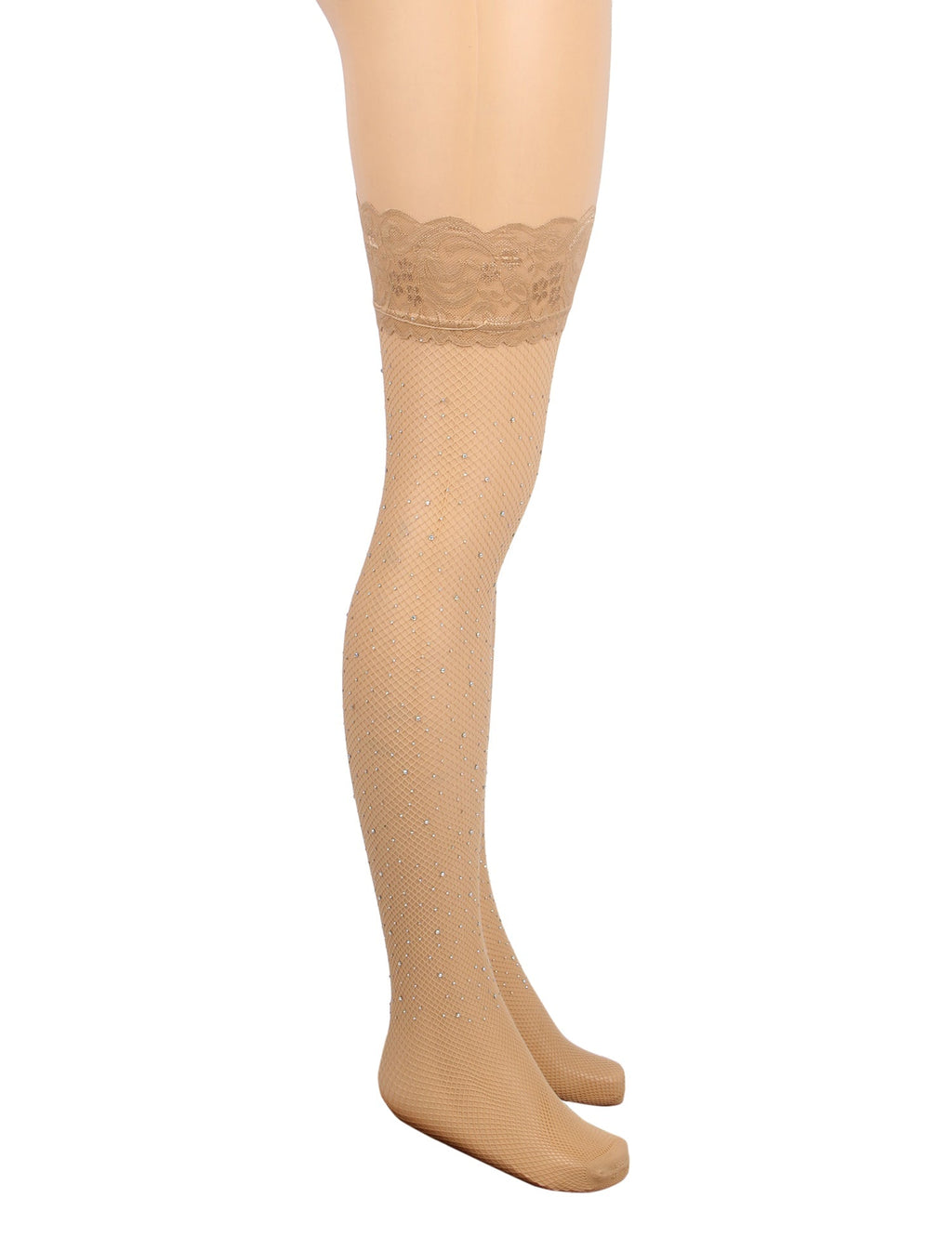 Beige Rhinestone Fishnet Thigh - High Stockings with Lace Top & Dual Silicone Stay - Up Grip - TeaseFashion