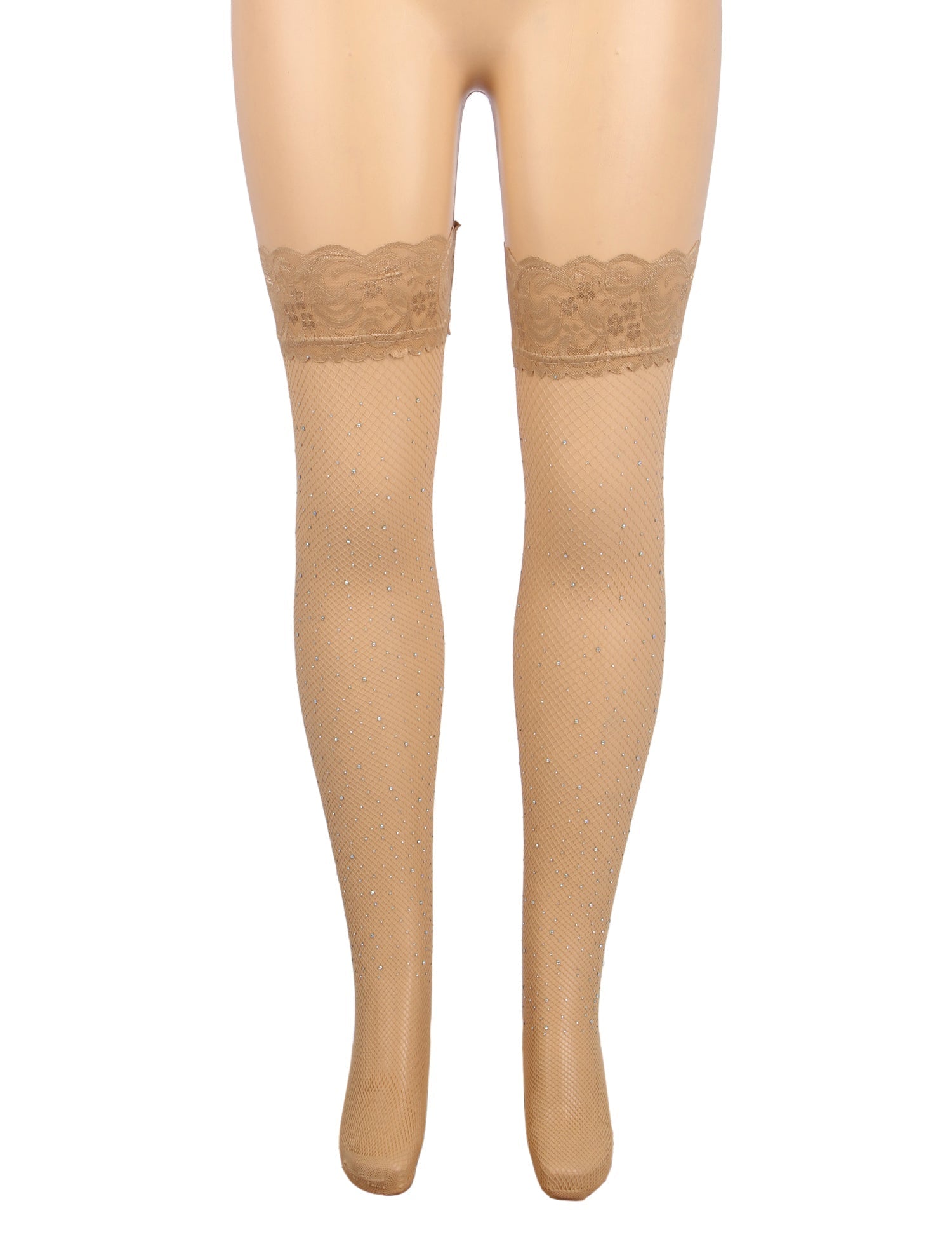 Beige Rhinestone Fishnet Thigh - High Stockings with Lace Top & Dual Silicone Stay - Up Grip - TeaseFashion