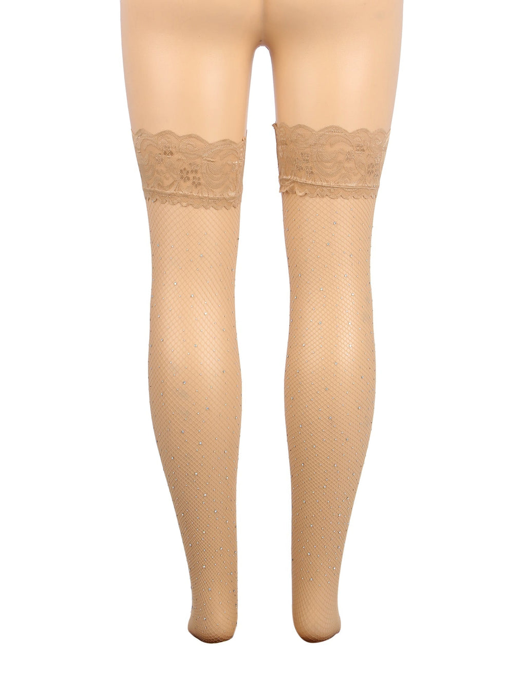 Beige Rhinestone Fishnet Thigh - High Stockings with Lace Top & Dual Silicone Stay - Up Grip - TeaseFashion