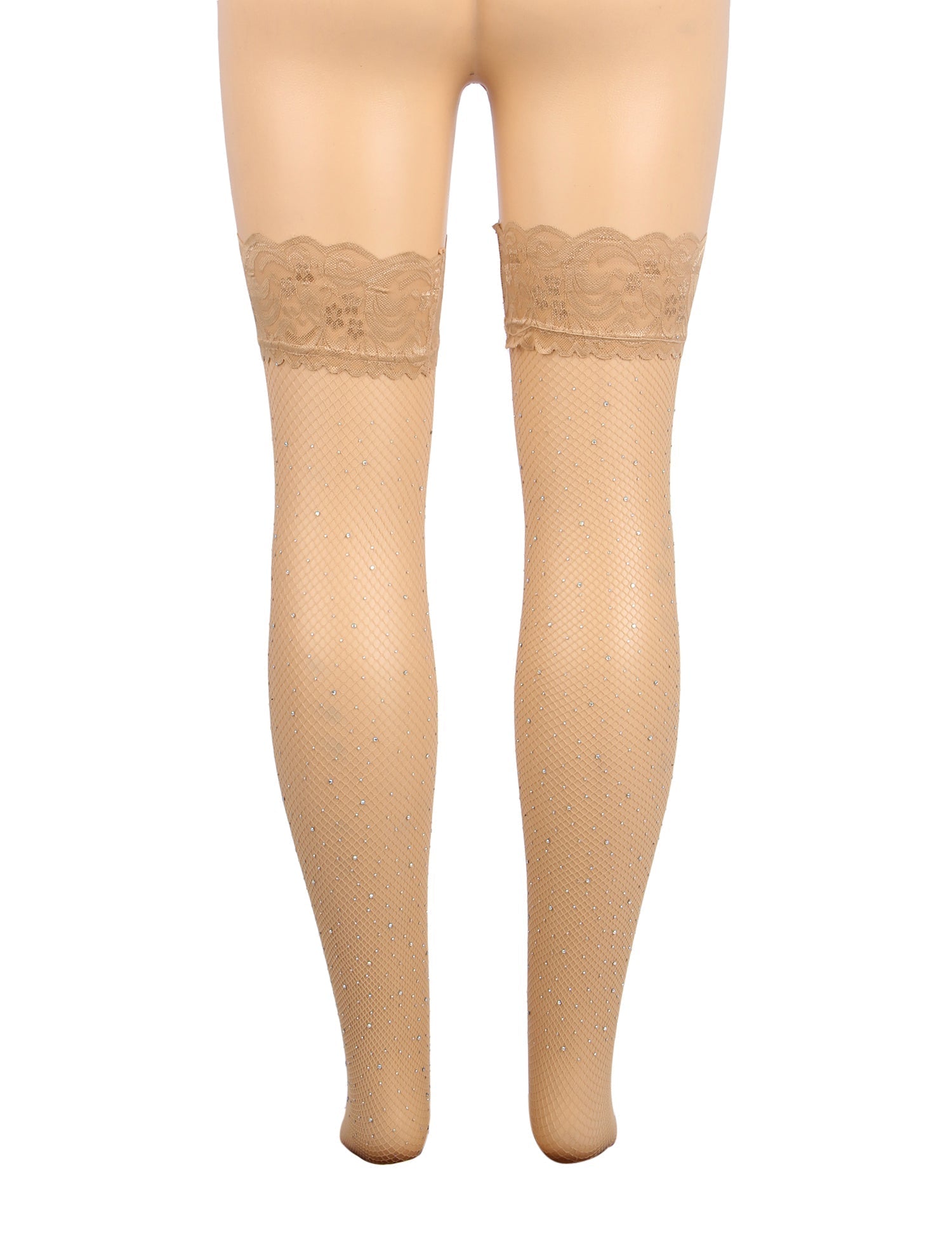 Beige Rhinestone Fishnet Thigh - High Stockings with Lace Top & Dual Silicone Stay - Up Grip - TeaseFashion