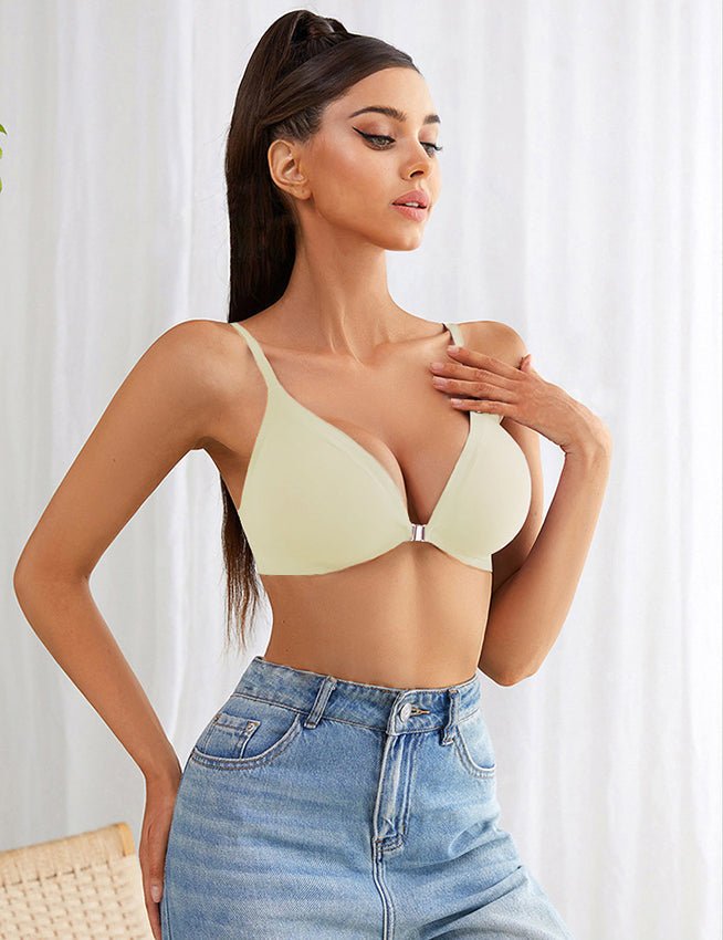 Beige Seamless Wireless Bra with Front Magnetic Clasp - TeaseFashion