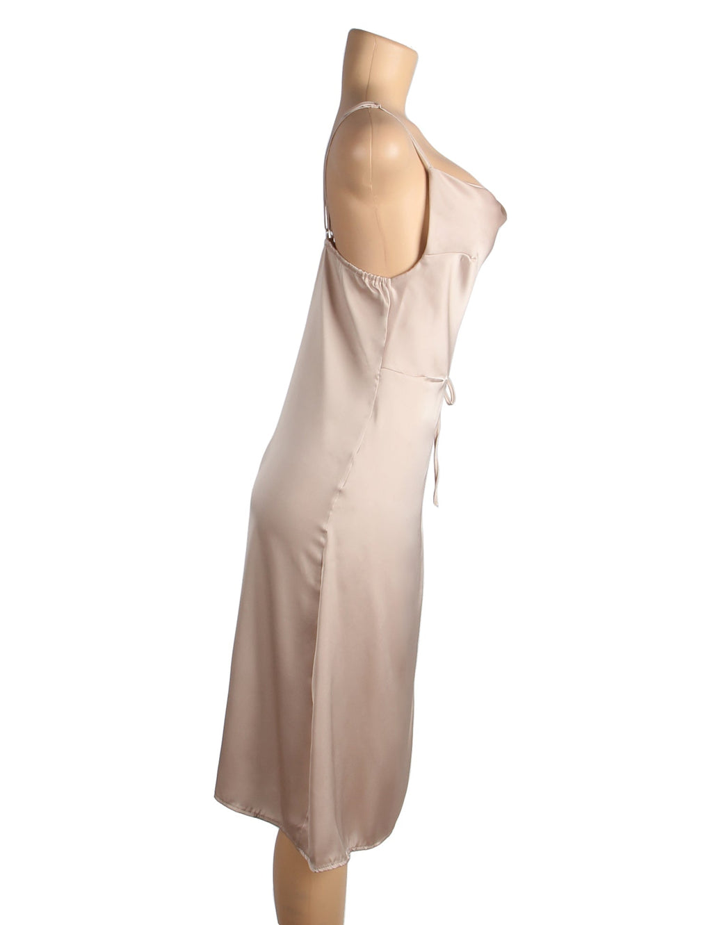 Beige Stretchy Satin Off - Shoulder Nightdress – Open Back, High Slit & Lace Trim Lining - TeaseFashion