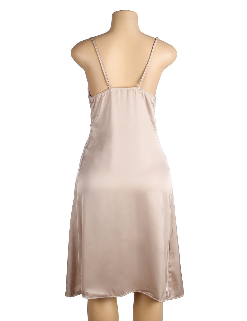 Beige Stretchy Satin Off - Shoulder Nightdress – Open Back, High Slit & Lace Trim Lining - TeaseFashion