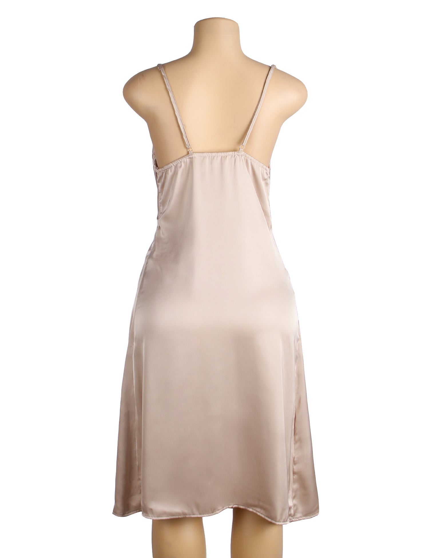 Beige Stretchy Satin Off - Shoulder Nightdress – Open Back, High Slit & Lace Trim Lining - TeaseFashion