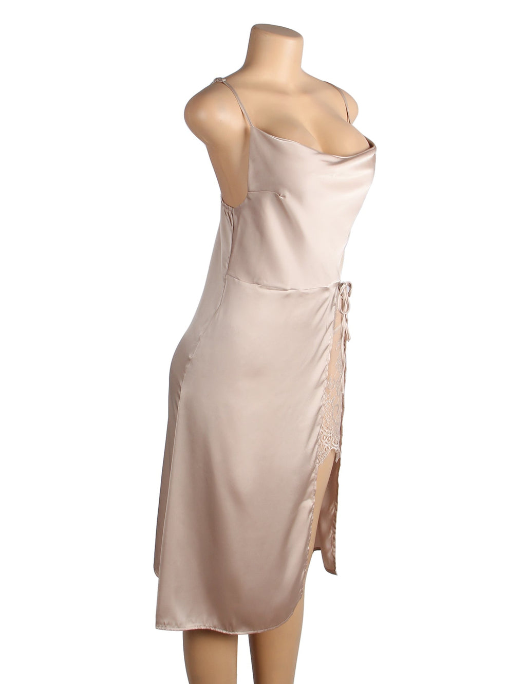 Beige Stretchy Satin Off - Shoulder Nightdress – Open Back, High Slit & Lace Trim Lining - TeaseFashion