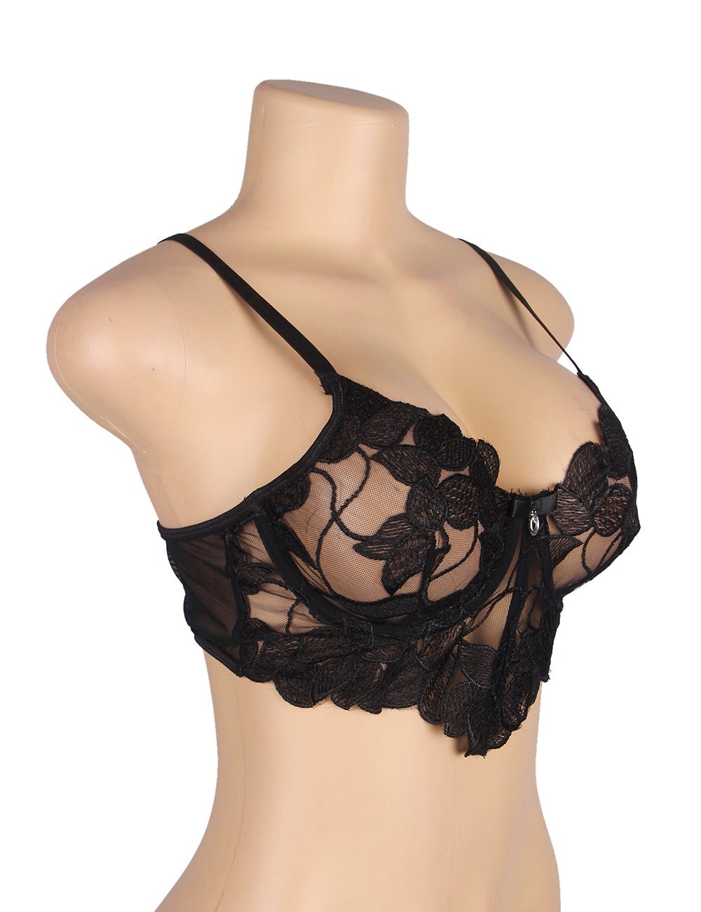 Black 3D Embroidery Lace Bra Set – Underwire & Heart - Cup Design - TeaseFashion
