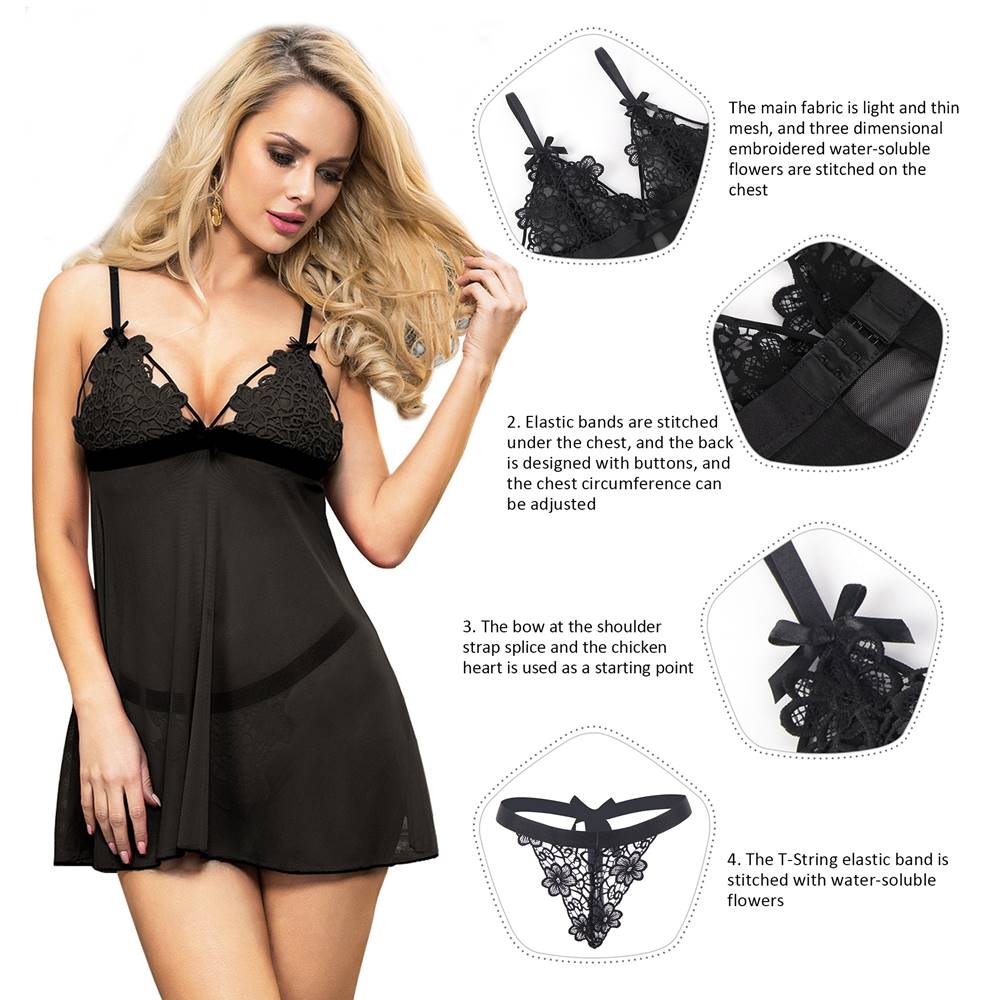 Black 3D Floral Embroidery Mesh Babydoll with Butterfly Bow & Embroidered Thong Set - TeaseFashion