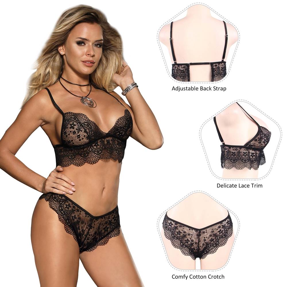 Black 3D Lace Mesh Bralette Set with Ruffle Cup Edge & Matching Panty - TeaseFashion