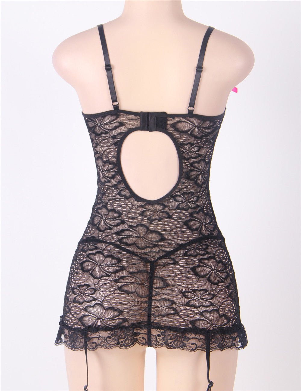 Black 3D Lace Mesh Garter Babydoll Lingerie Set – Steel Ring Cups, Butterfly Knot Details, Hollow Back, Lace Flower Hem & Heart Suspender - TeaseFashion