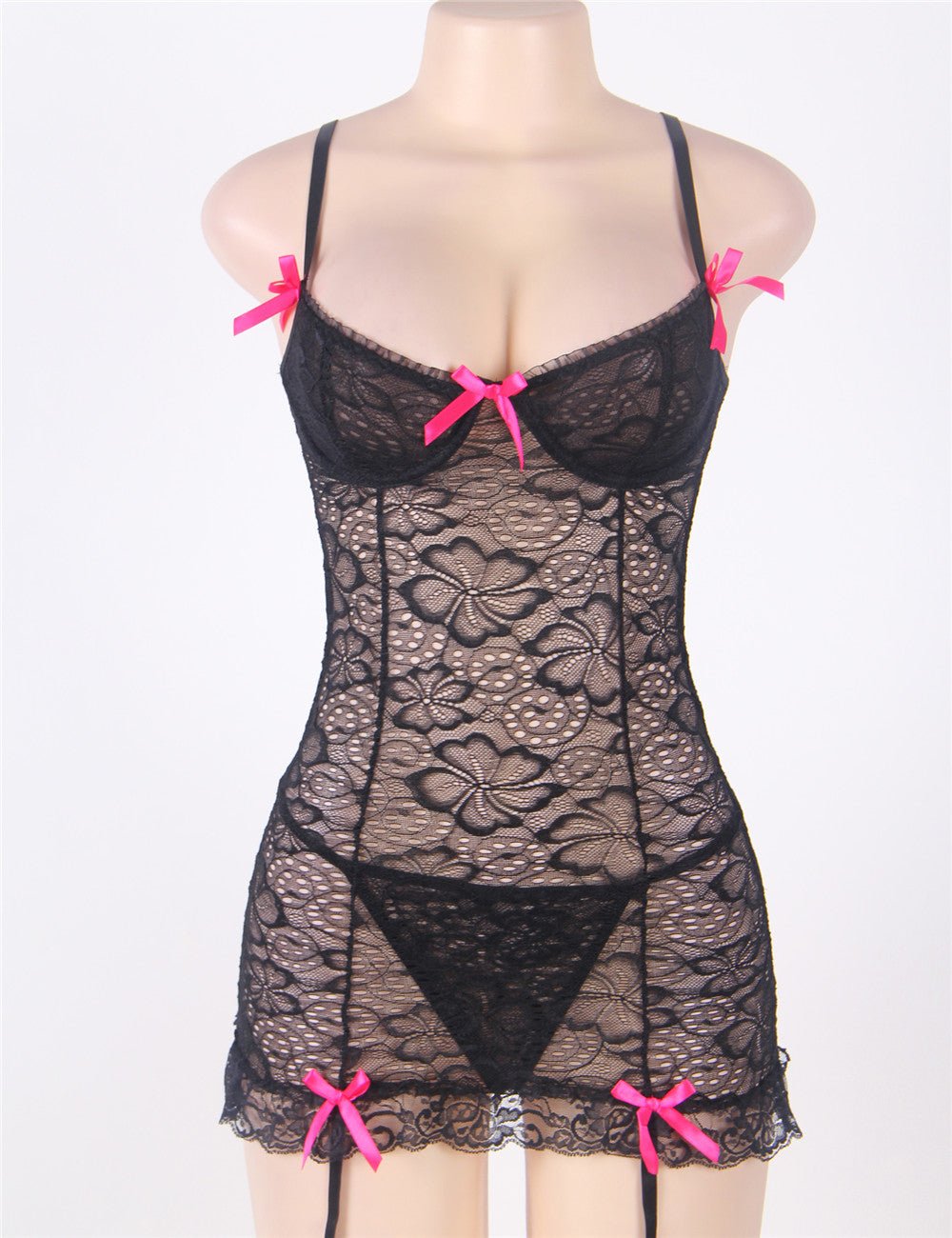 Black 3D Lace Mesh Garter Babydoll Lingerie Set – Steel Ring Cups, Butterfly Knot Details, Hollow Back, Lace Flower Hem & Heart Suspender - TeaseFashion