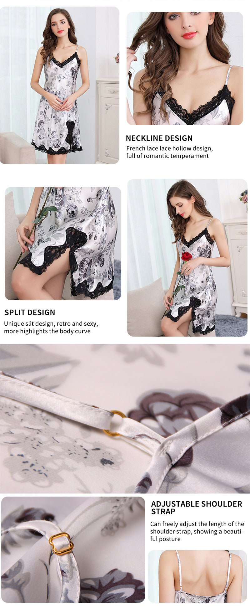 Black and White Abstract Floral Print Real Silk Suspender Dress Pajamas Nightwear - TeaseFashion