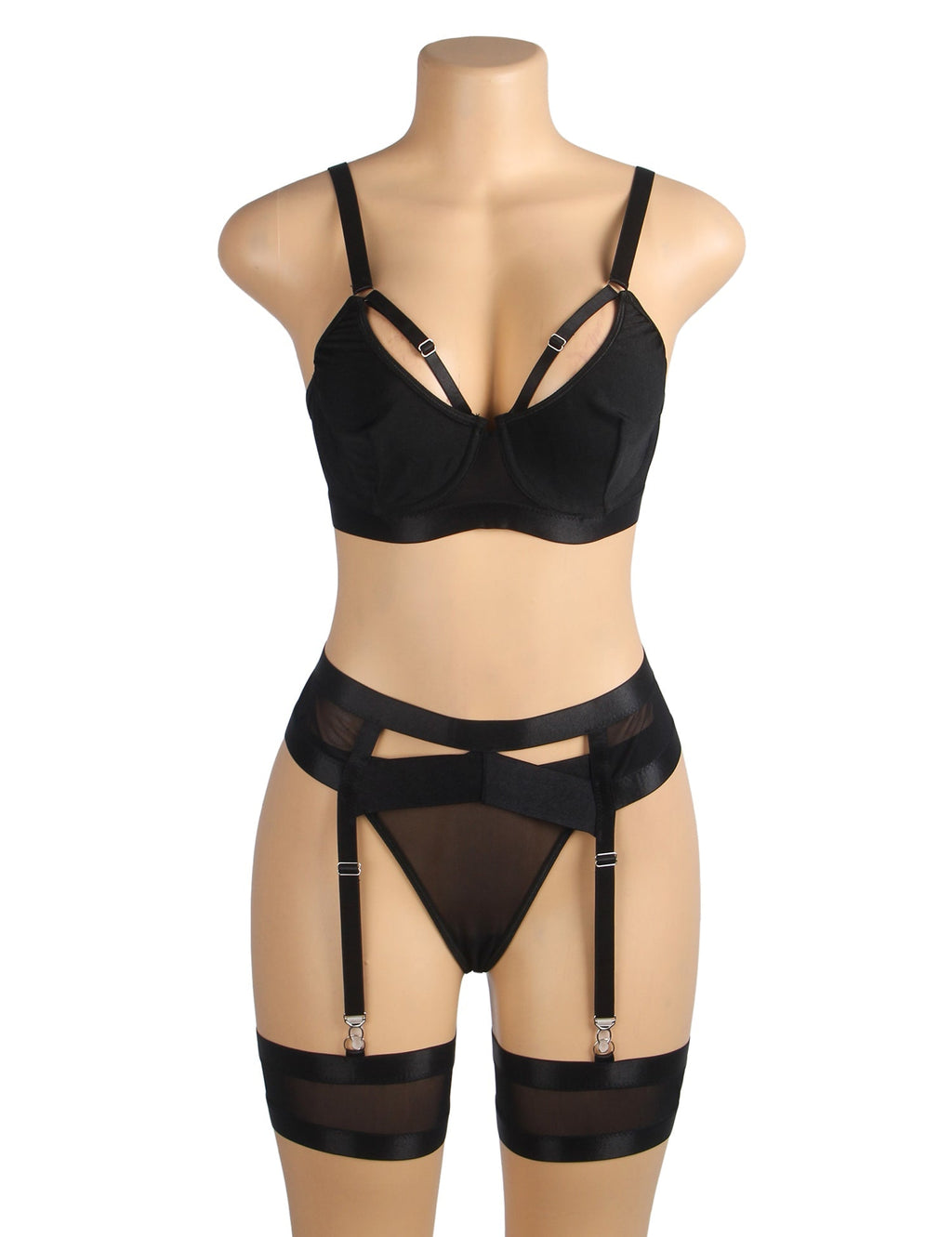 Black Bondage Bra Garter Set – Wide Elastic Band & Detachable Leg Rings - TeaseFashion