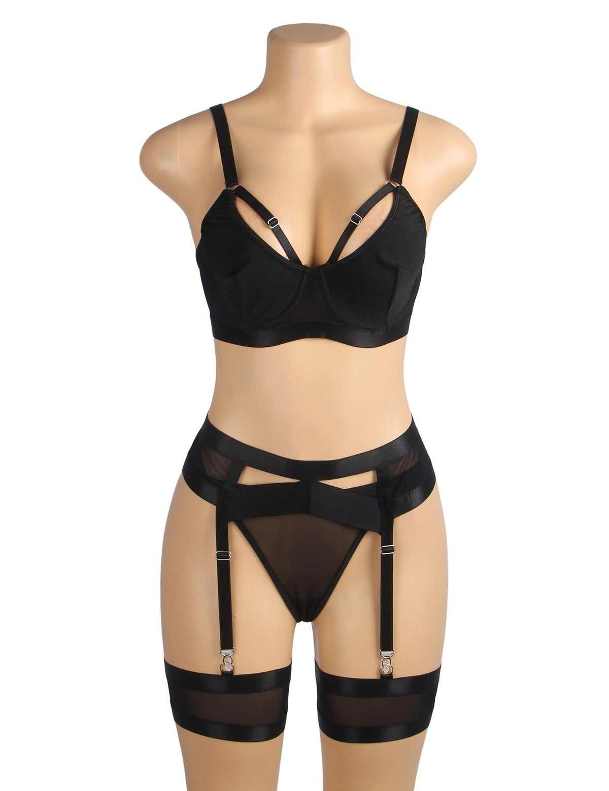 Black Bondage Bra Garter Set – Wide Elastic Band & Detachable Leg Rings - TeaseFashion
