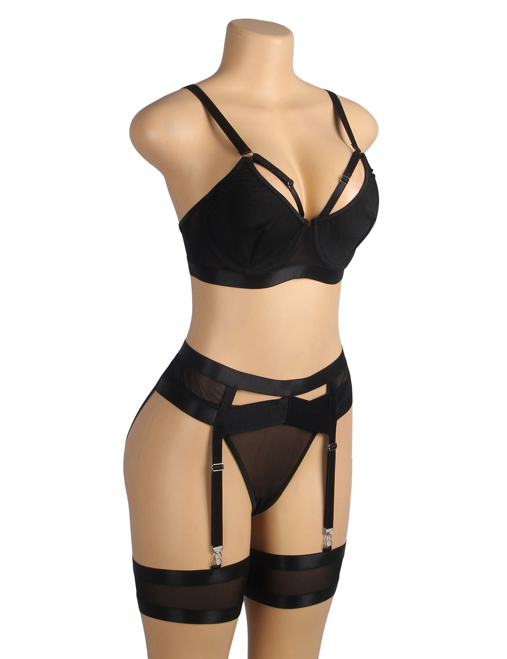 Black Bondage Bra Garter Set – Wide Elastic Band & Detachable Leg Rings - TeaseFashion