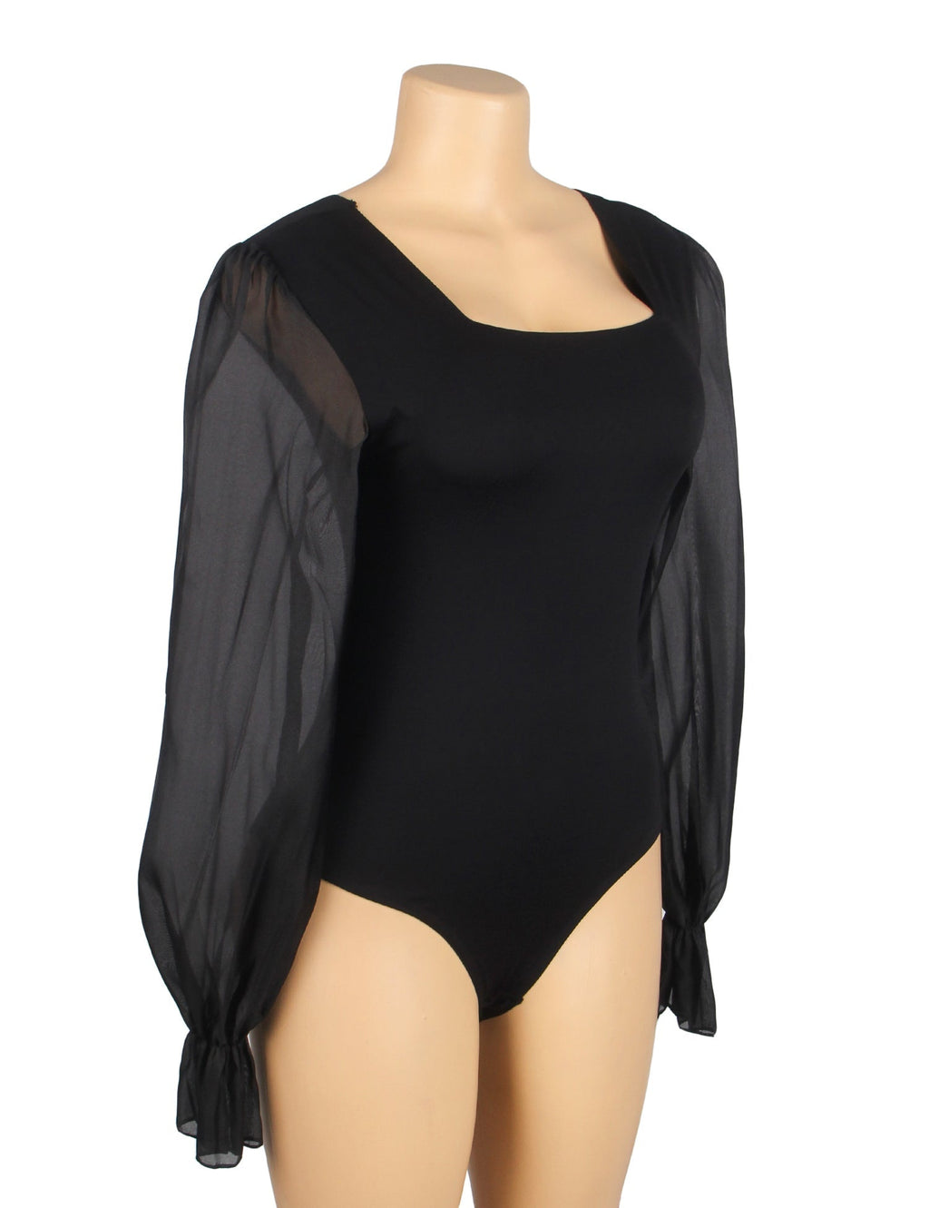 Black Chiffon Puff - Sleeve Square - Neck Snap - Crotch Bodysuit - TeaseFashion