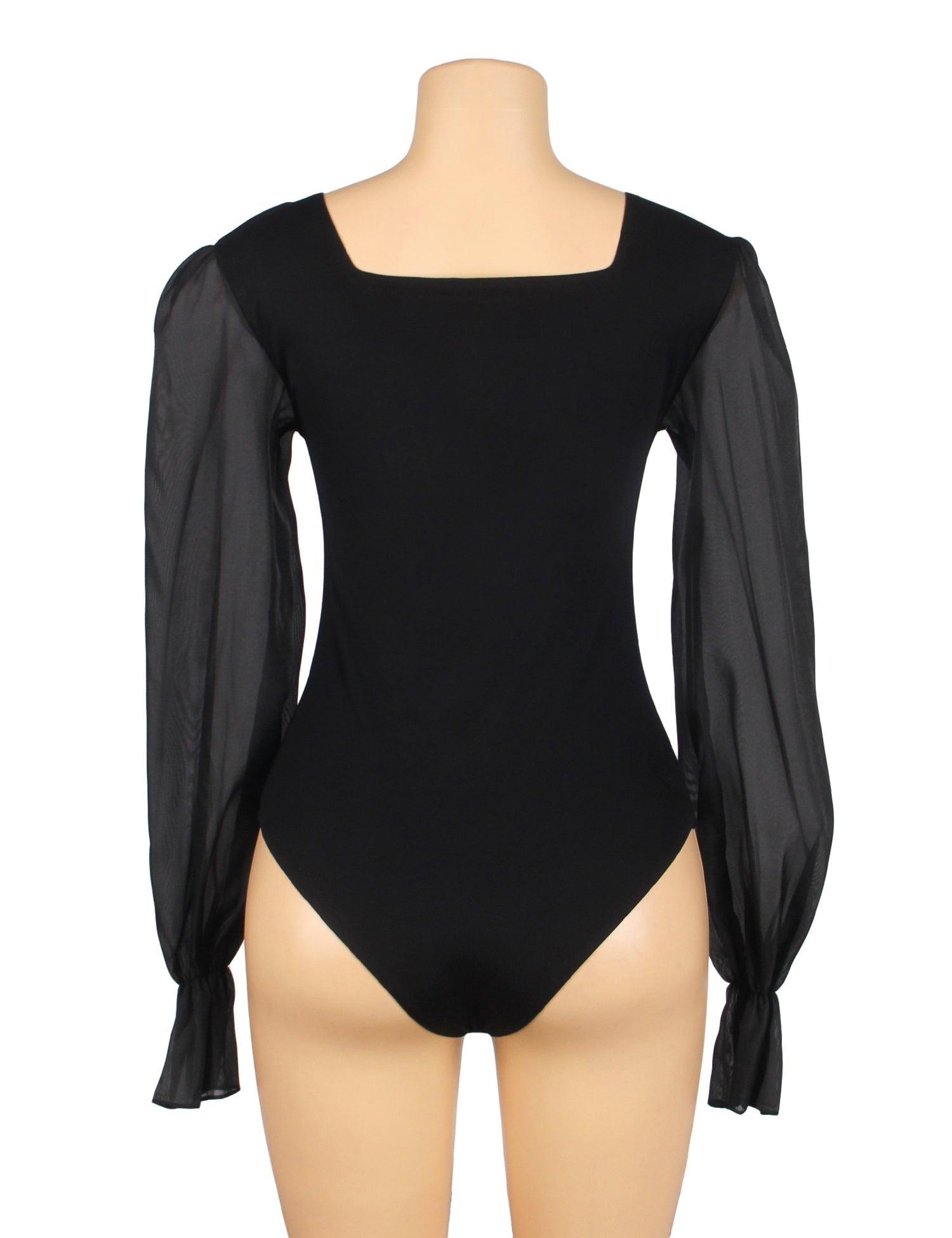 Black Chiffon Puff - Sleeve Square - Neck Snap - Crotch Bodysuit - TeaseFashion