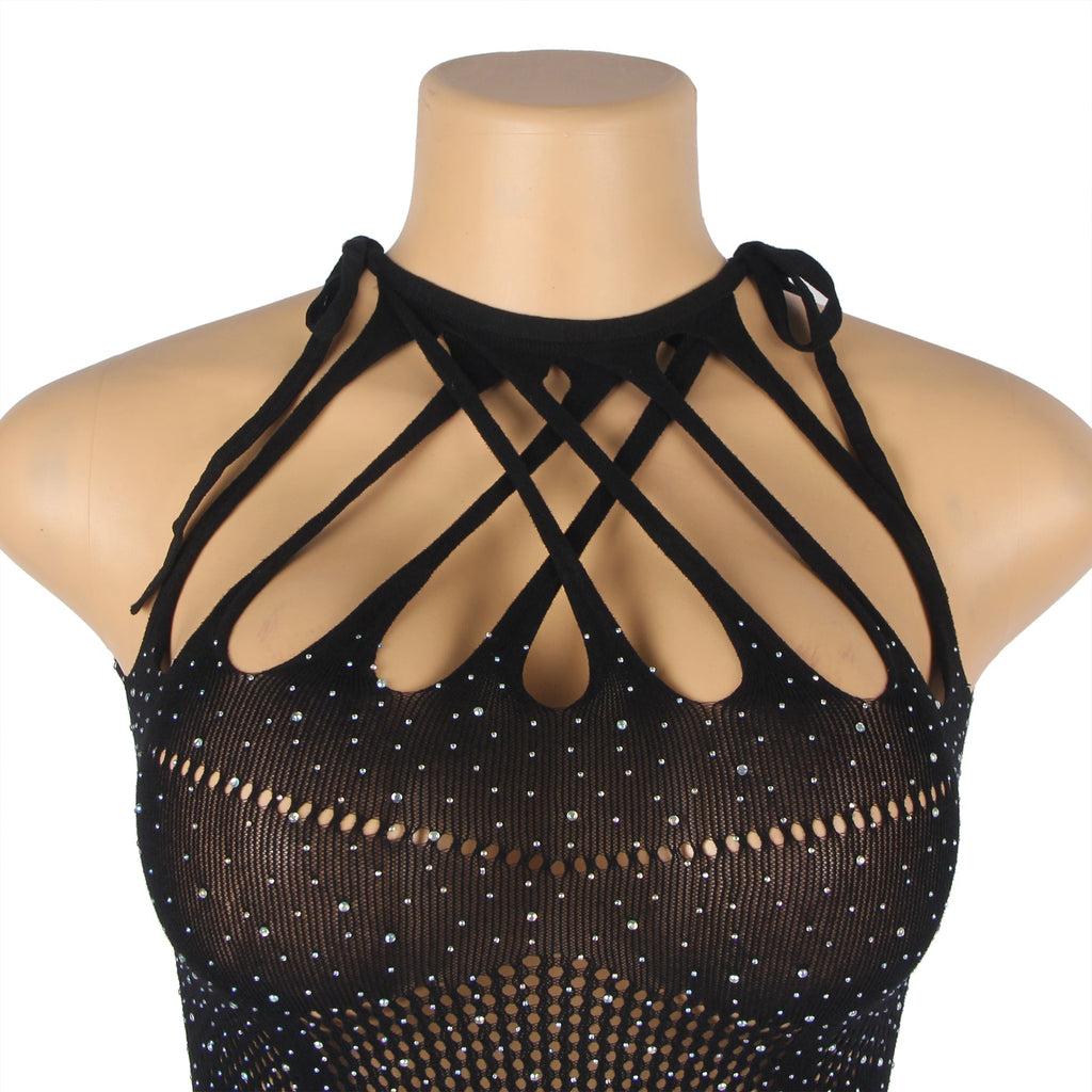 Black Cross - Halter Rhinestone Bodycon Bodysuit - TeaseFashion