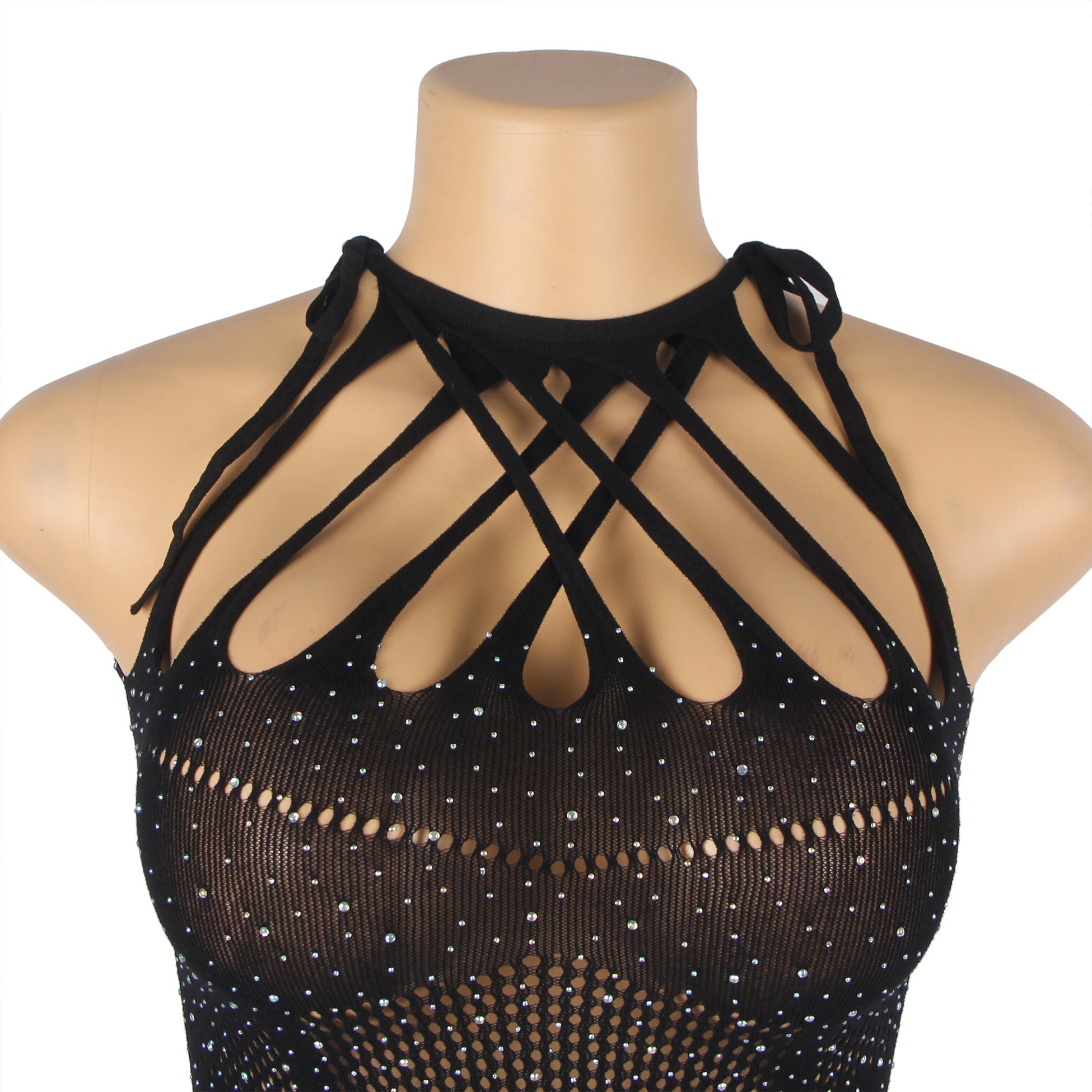 Black Cross - Halter Rhinestone Bodycon Bodysuit - TeaseFashion