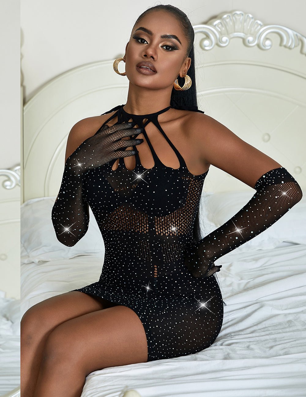 Black Cross - Halter Rhinestone Bodycon Bodysuit - TeaseFashion